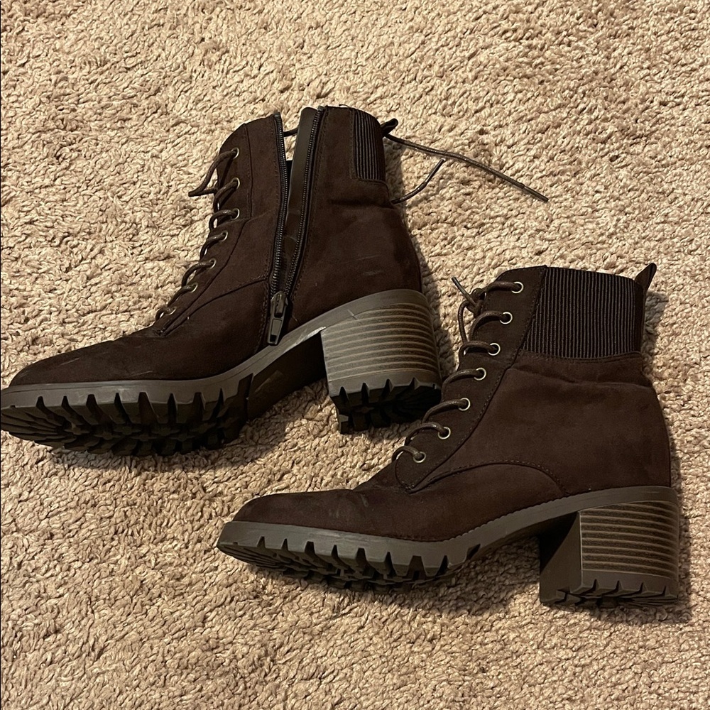 Market & Spruce Halyn Block Heel Ankle Boot Brown Zip Up Lace Up Bootie 7.5
